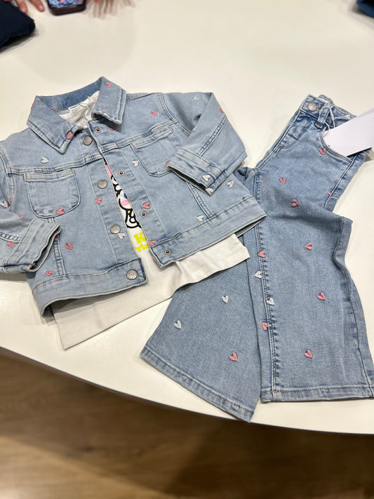 Jeans wide leg cuori ricamati
