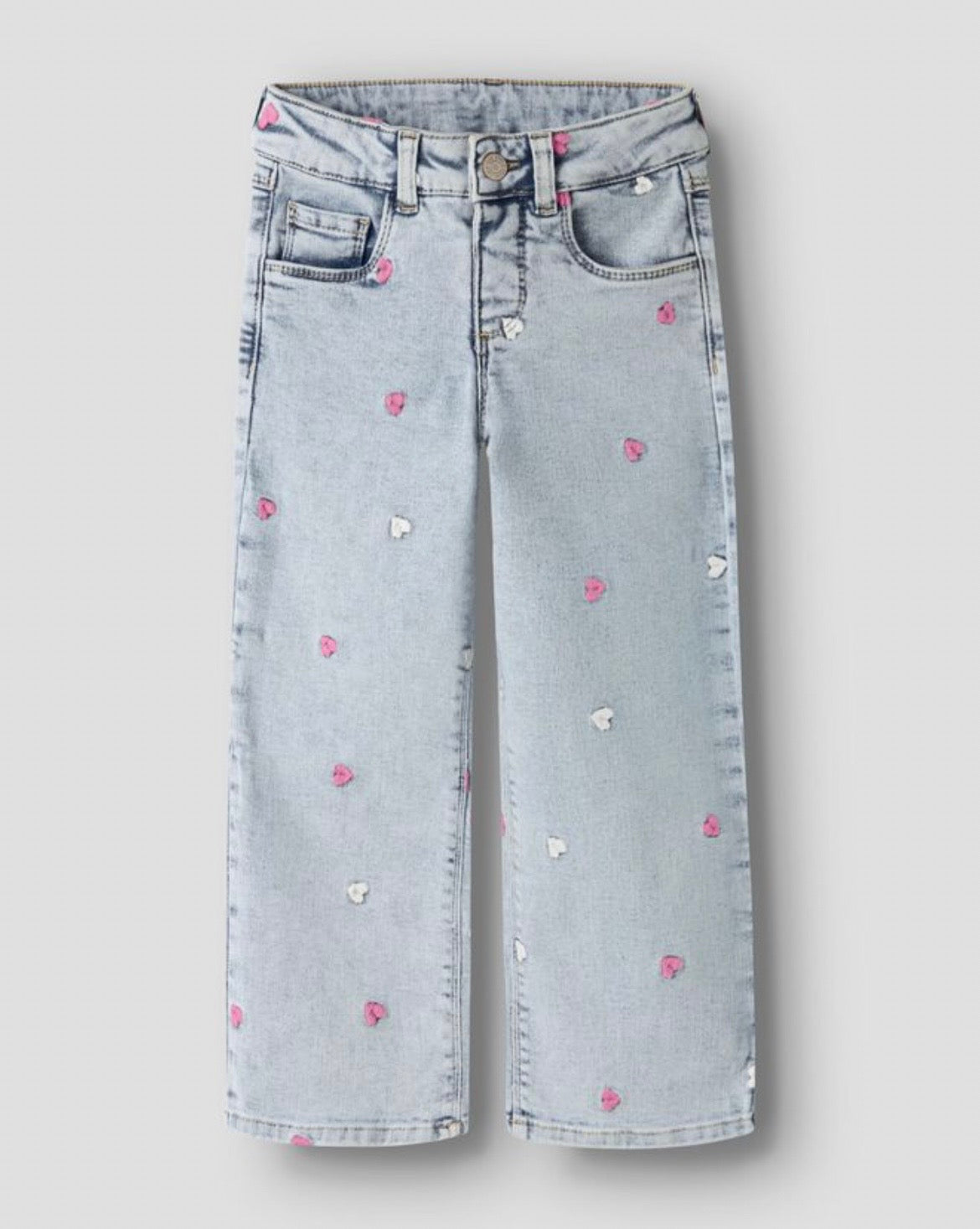 Jeans wide leg cuori ricamati
