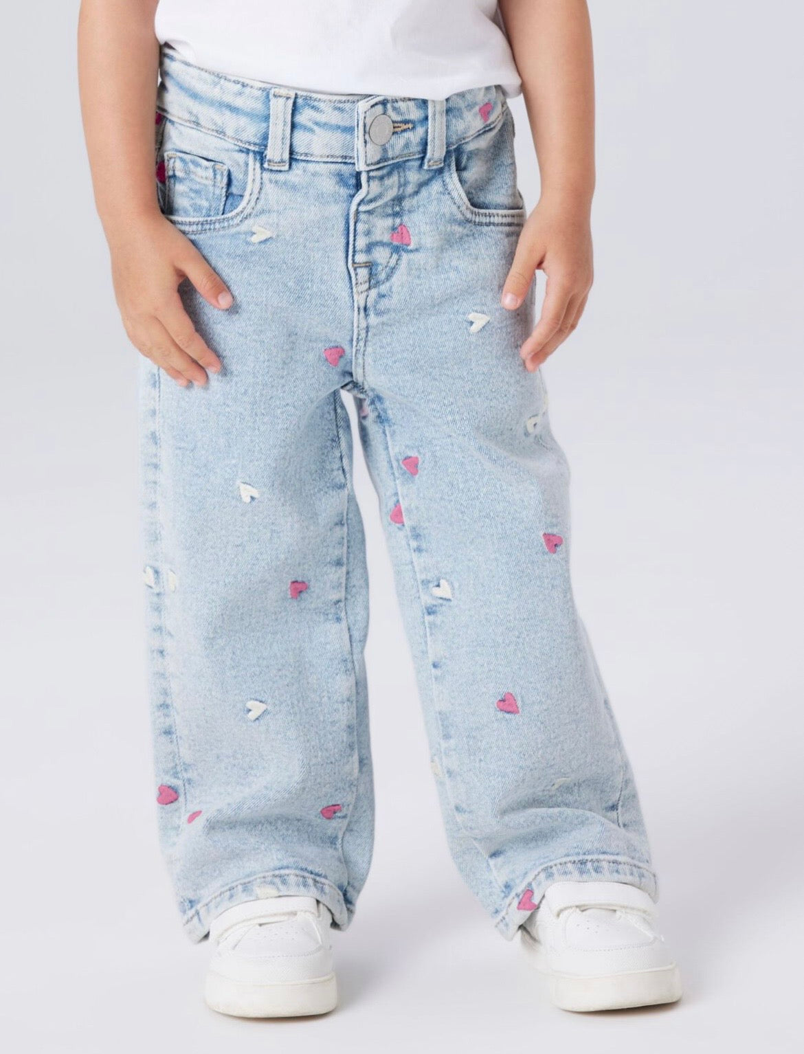 Jeans wide leg cuori ricamati